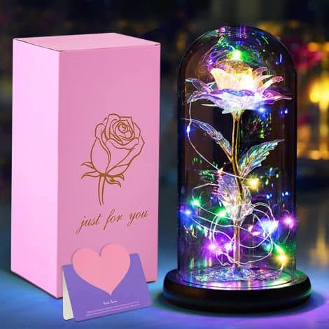 Kit di Rose Incantate Rosa La Bella e la Bestia con Cupola di Vetro e Base, Luci LED. Perfetto per regali speciali come Festa della Mamma, Compleanni, Anniversari e San Valentino.