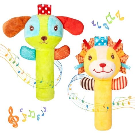 Set di due morbidi sonagli di peluche per neonati, adatti a bambini dai 3 mesi in su.