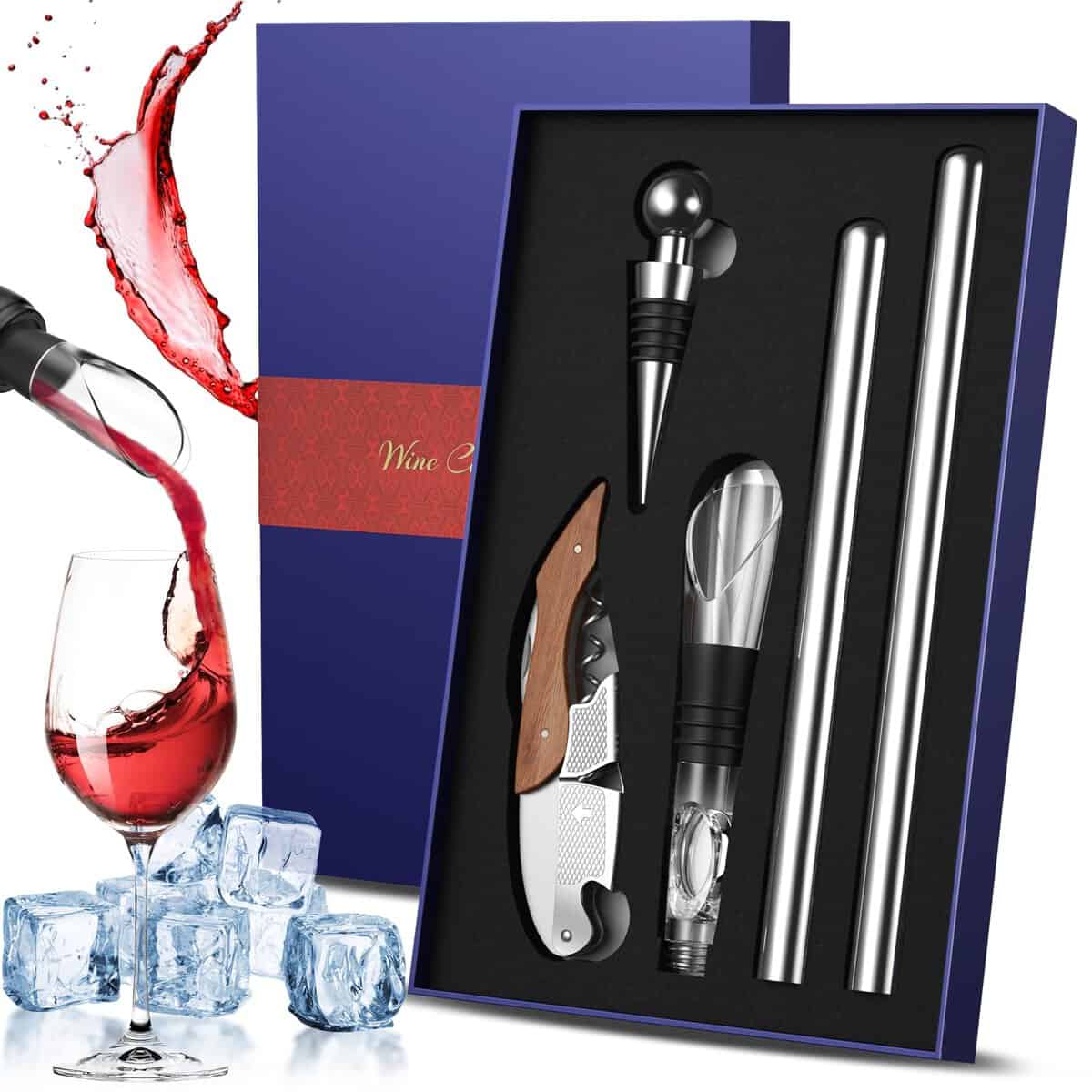 GGUA 5 In 1 Refrigeratore per Bottiglie Vino, Set di Glacette per Vino con 2 Asta di Raffreddamento, Versatore, Cavatappi, Tappo, Adatto a Tutte le Bottiglie - Ideale Regalo per Donna Uomo Festa
