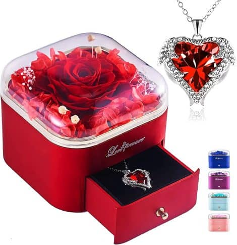Rosa eterna PISKEKAT con collana: regalo di rose conservate in una scatola di gioielli per compleanno, anniversario, San Valentino. Perfetto per moglie, mamma, donna.