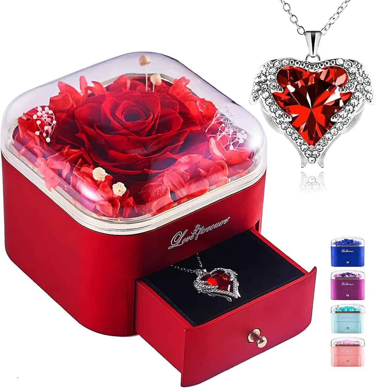 PISKEKAT Rosa Eterna con Collana, Rosa Regalo per Donna, Fiore Conservato Rose Scatola di Gioielli, Scatola di Rosa Stabilizzata, Compleanno Anniversario San Valentino Regalo per Moglie, Mamma, Donna