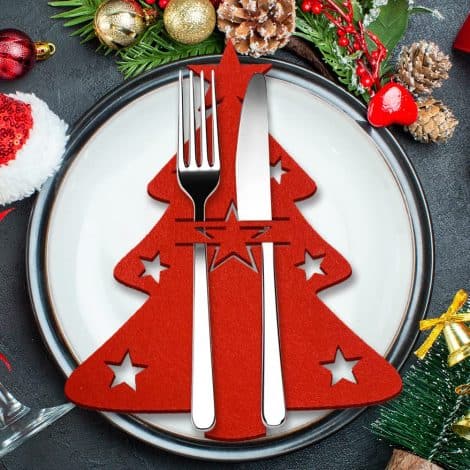 Portaposate in Feltro Natalizio, Set 12 Pezzi, Tasca per Posate, Albero Rosso, Decorazione Tavola, Portaposate Feste.