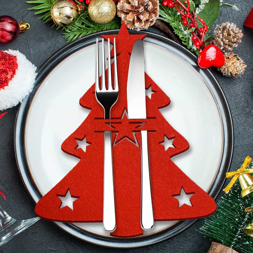 Portaposate in Feltro di Natale, 12 Pezzi Tasca per le Posate Albero di Natale Decorazione da Tavola Rosso, Coltelli Forchette Cucchiai Stoviglie Portaposate per la Tavola Delle Feste Decor Natalizia