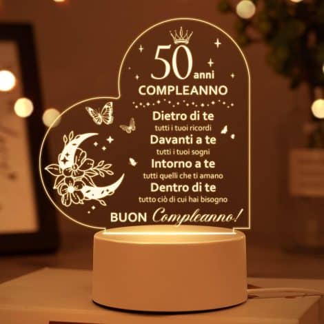 Regali compleanno per donna di 50 anni, uomo di 50 anni, amica, mamma, papà, nonna e sorella. Idee regalo luminose.