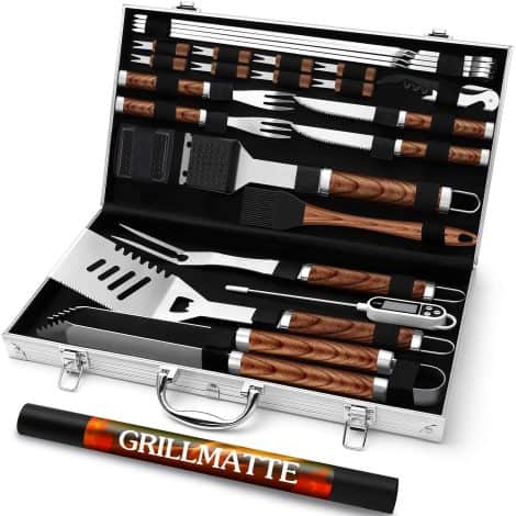 Set barbecue in acciaio inox di alta qualità con 26 accessori, posate e valigetta portatile, regalo ideale per uomini, incluso termometro per carne.