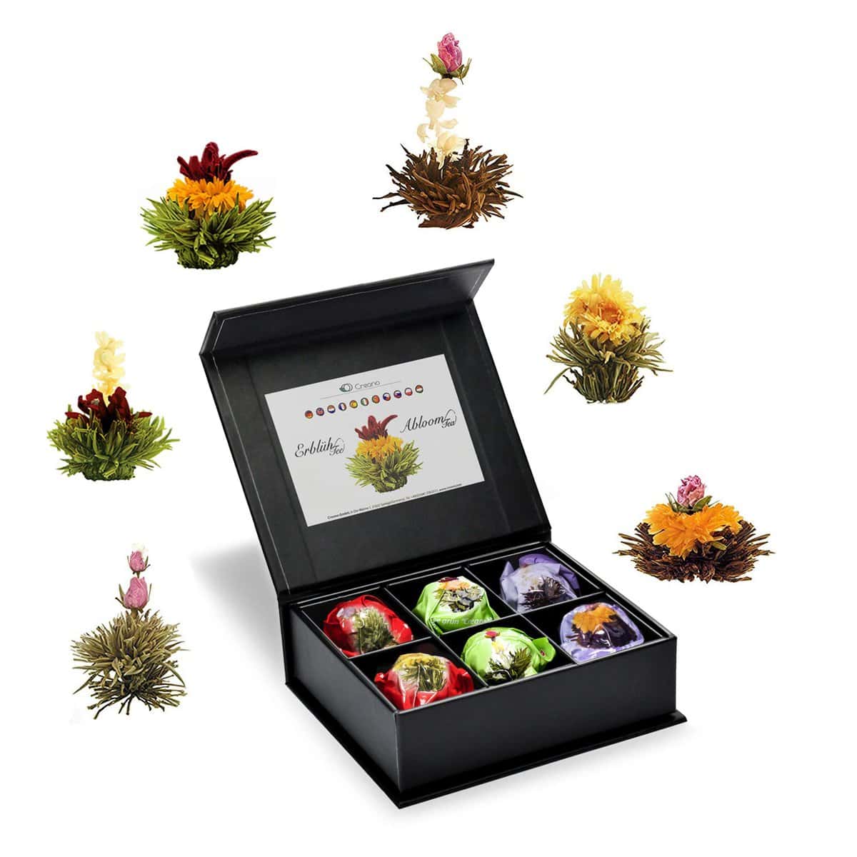 Creano 6x Fiori di Tè bianco, verde & nero in elegante Scatola magnetica con Goffratura argento