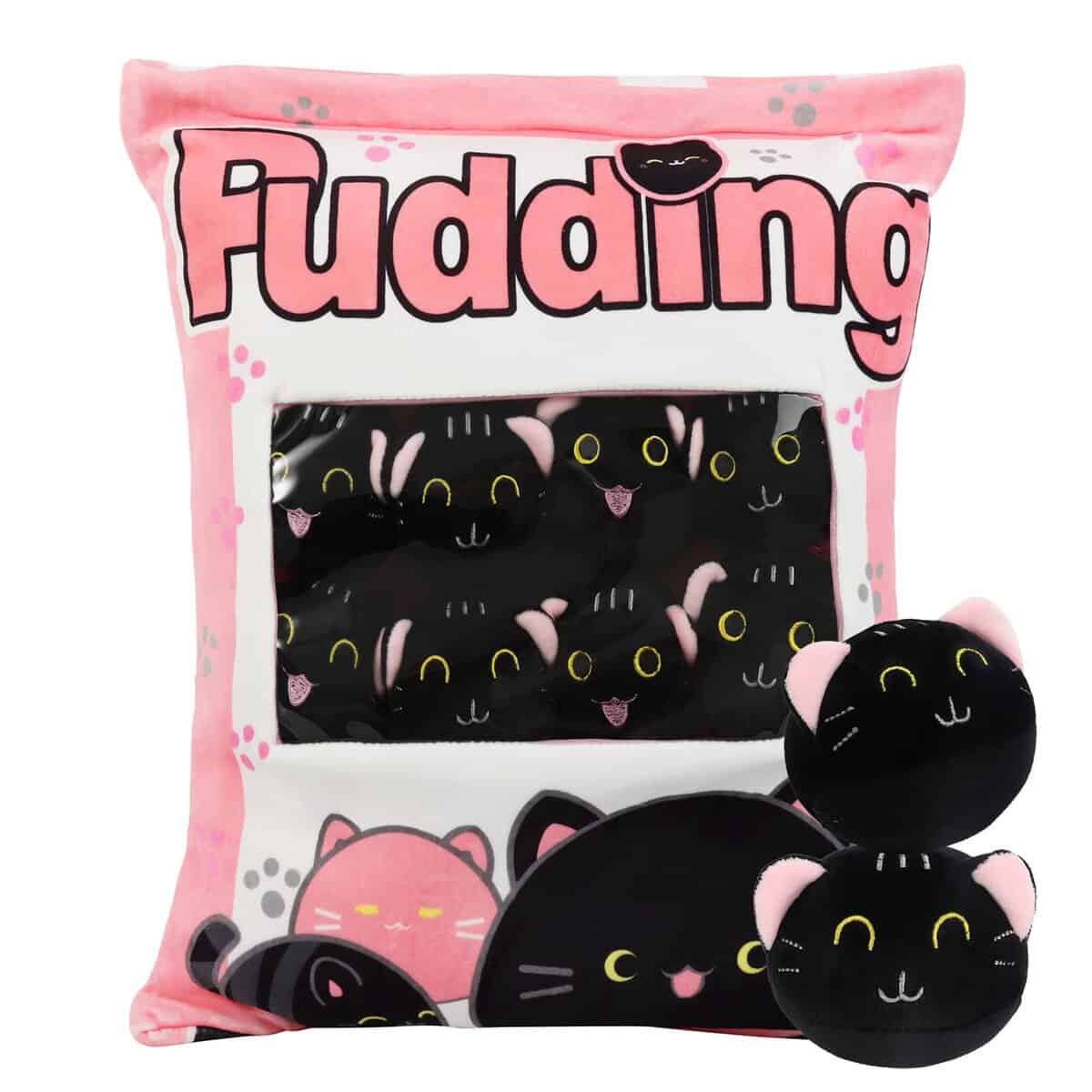 Cuscino di peluche di gatto nero, giocattolo di peluche rimovibile, cuscino di budino, borsa con peluche di gatto, simpatico gatto decorazione regalo per adolescenti, ragazze, bambini (8 gattini rosa)