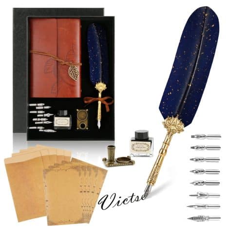 Set di penna stilografica retrò Victse con penna piuma antica per calligrafia, in blu navy, e quaderno.