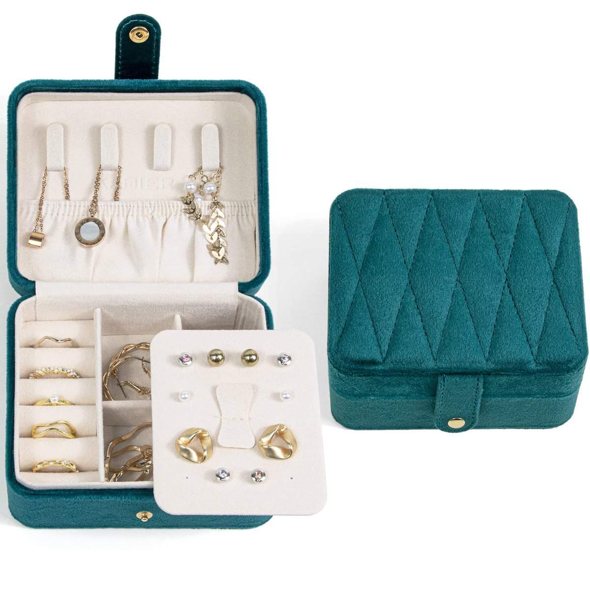 KAMIER Custodia per gioielli da viaggio, in velluto felpato trapuntato, portatile, per donne e ragazze, idea regalo, piccolo portagioie per collane, bracciali, orecchini, anelli, colore: blu pavone