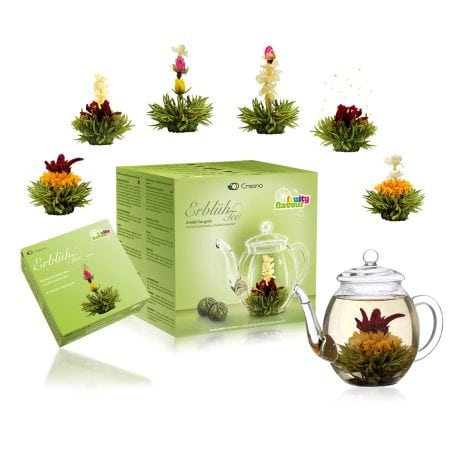 Set regalo Creano con teiera di Vetro 500ml e tè verde aromatizzato alla frutta (6 varietà di fiore di tè). Perfetto regalo di Natale!