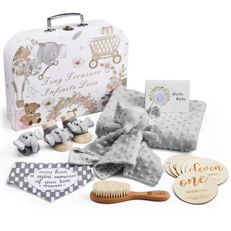 Set regalo per neonato Lictin, 14 pezzi con coperta, Milestone baby cards, coperta elefante, calzini con sonaglio e polsino