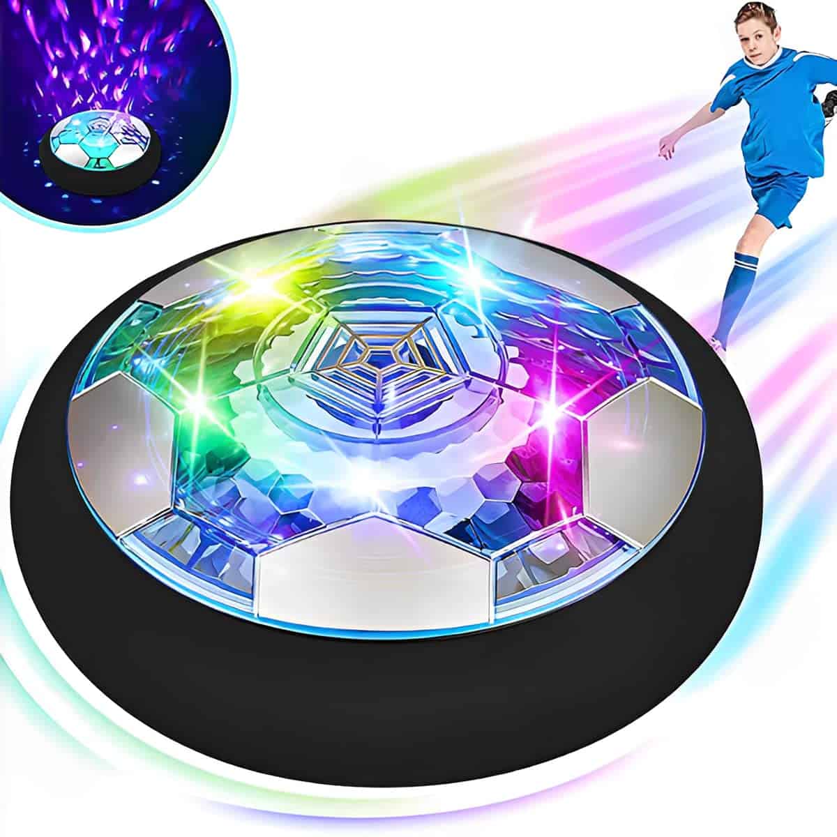 LiRiQi Pallone Calcio Fluttuante, Giochi Regalo Bambino Maschio, Giocattoli Bambini Palla Ricaricabile da Casa con Luci LED, Hover Soccer, Compleanno Regali per Ragazzi Ragazze 3 4 5 6 7 8 9 10 Anni