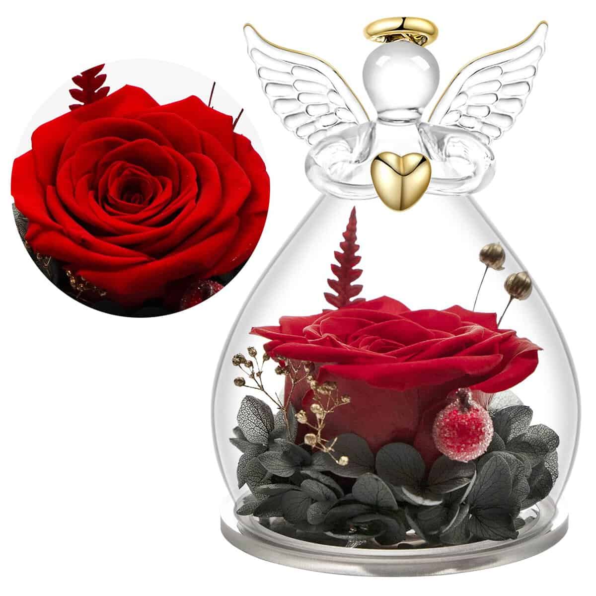 Yamonic, Rosa Stabilizzata Vera, Festa della Mamma Idee Regalo, Angeli Statuette con Rosa Eterna,Regalo Nonna, Angelo Custode per Lei, Donna, Vera Rosa Rossa