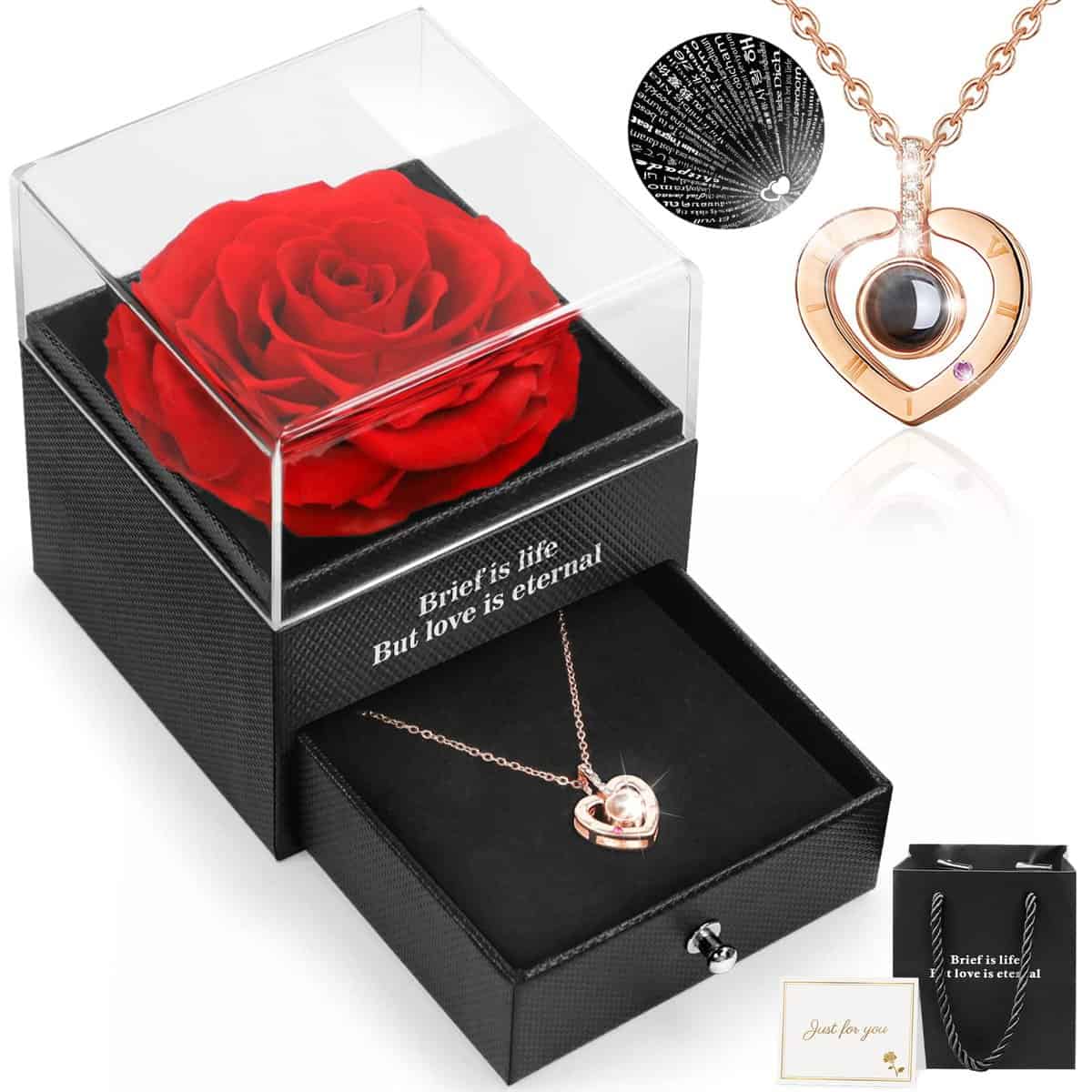 Rosa Stabilizzata Vera, Rosa Eterna Confezione Regalo Con Collana, I Love You 100 lingue Regali per Lei, Regalo Donna Mamma Compleanno, Regalo Festa Della Mamma, Anniversari, San Valentino, Natale