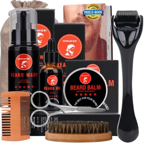 Set completo per la cura della barba maschile: olio, crema, detergente, spazzola, pettine e forbici.