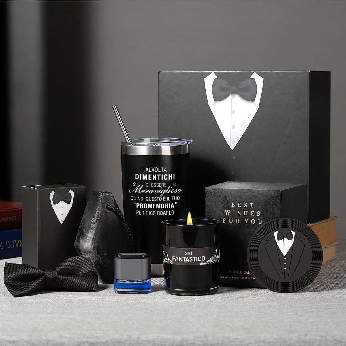 Set Regalo Uomo Compleanno Natale San Valentino Papà, Fidanzato, Marito, Amici maschi, Profumo + papillon + sapone + candela + tazza