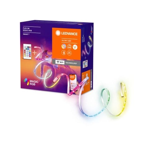 Strisce LEDVANCE Smart+ WiFi Flex 3M, bianche, 15W, 350lm, dimmerabili, effetto luce Magic-RGB dinamico, colori personalizzabili, app intuitiva, lunga durata, facile da installare, protezione IP20.