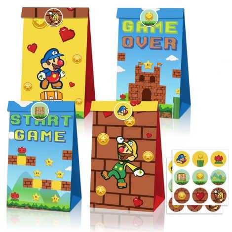 Sacchetti di carta per caramelle Mario, 12 pezzi con adesivi; perfetti per feste di compleanno dei bambini.