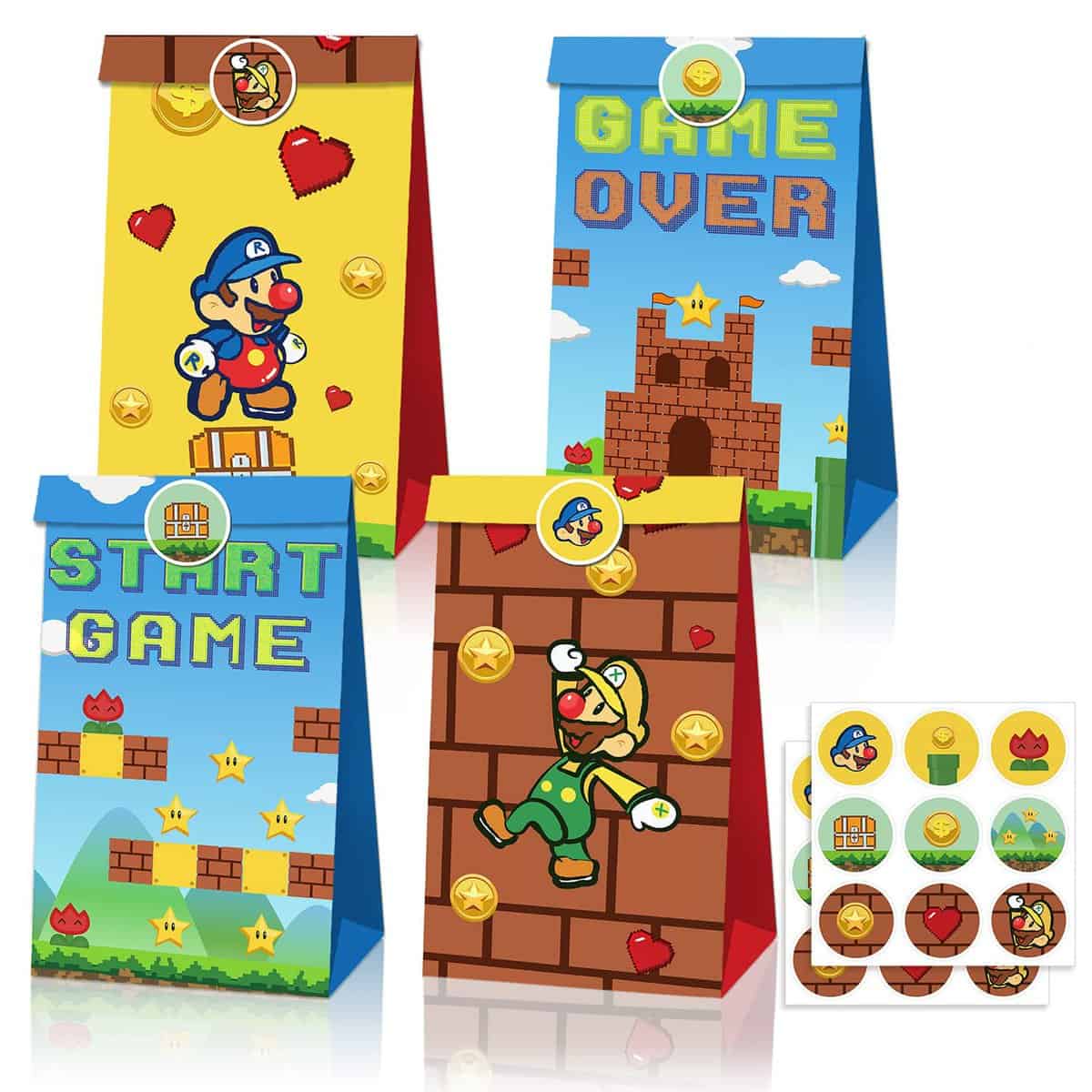 Mario Sacchetto per Caramella, 12 Pezzi Sacchetti Regalo di Carta, Mario Sacchetti Regalo per Feste con 18 Adesivi, Mario Sacchetti Compleanno Bambini, per Bambini Feste di Compleanno