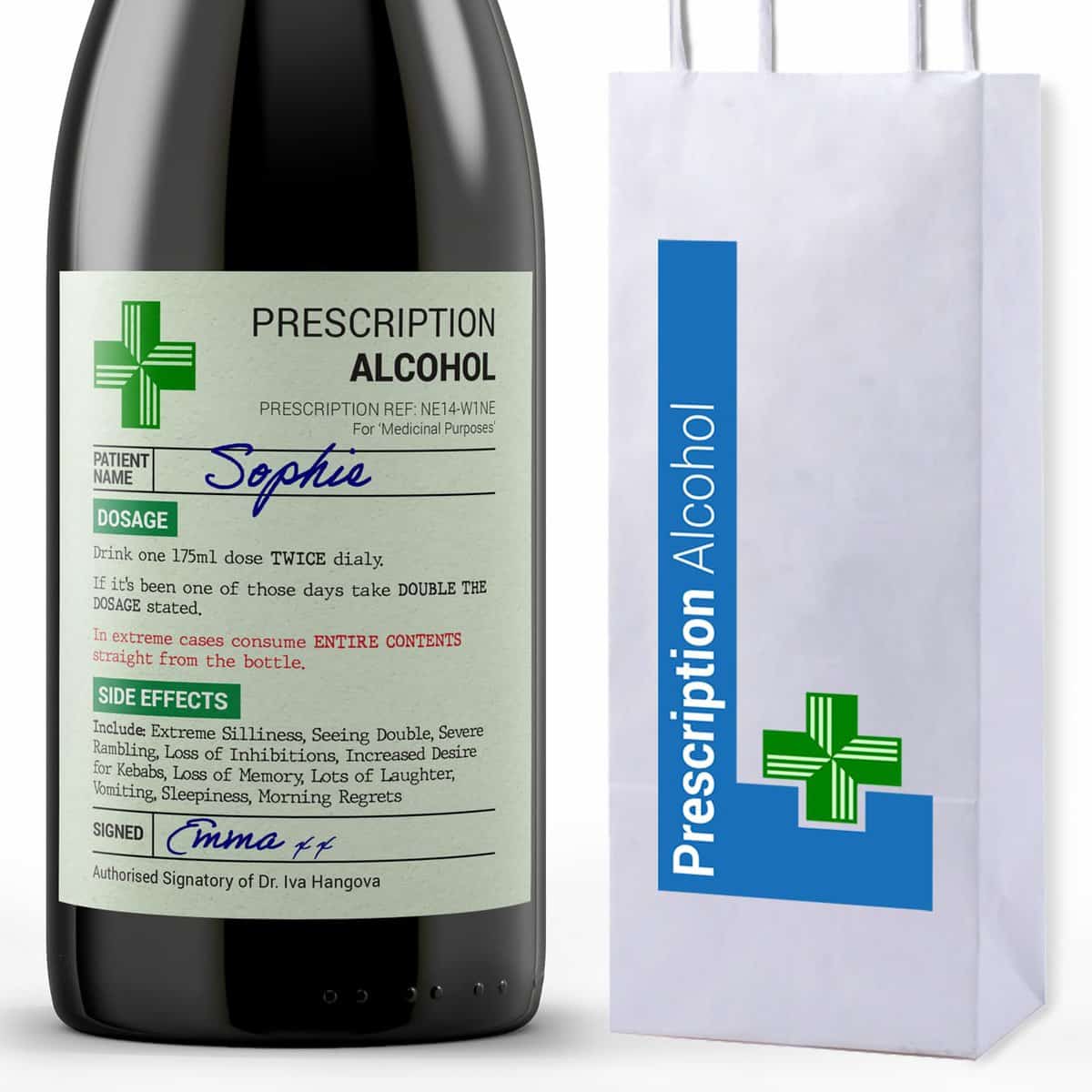 Divertente sacchetto regalo con etichetta e bottiglia di vino con prescrizione alcolica, regalo per donne e uomini. Regalo divertente per compleanno, Babbo Natale segreto, regali di Natale per donne e