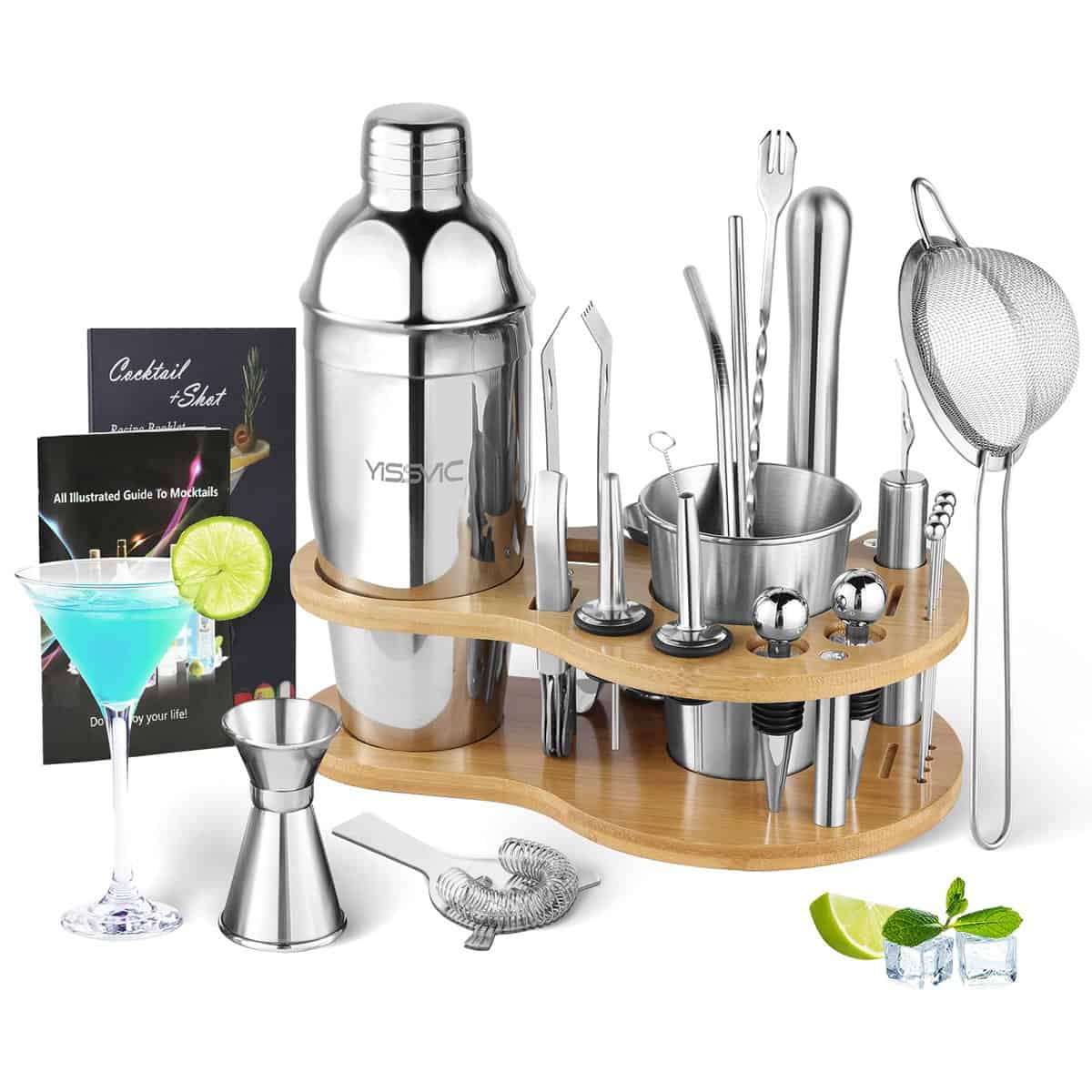 YISSVIC Shaker Cocktail Set 22 Pezzi Kit Barman Professionale in Acciaio Inox con 750ml Shaker e Tazza di Utilità, 2 Manuali di Bartending per Casa Bar Festa, Regalo per Donna Uomo