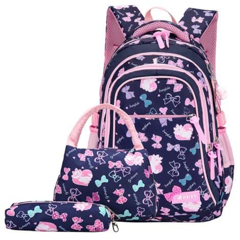 Zainetto completo per scuola con borsa pranzo e astuccio, adatto a bambine dai 6 ai 13 anni.
