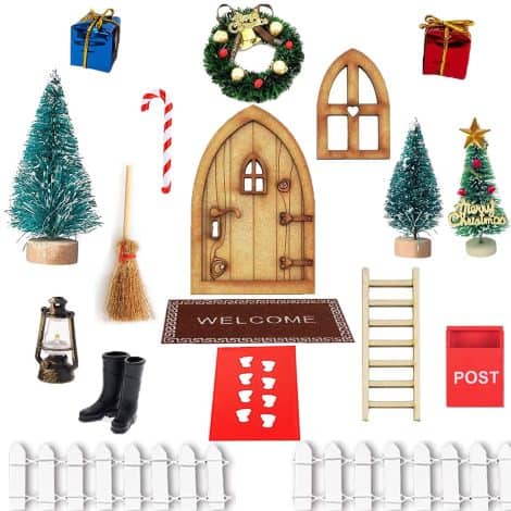 Set Natalizio Porta Elfo con Accessori, ideale per decorare porte, alberi e scale con stile natalizio.