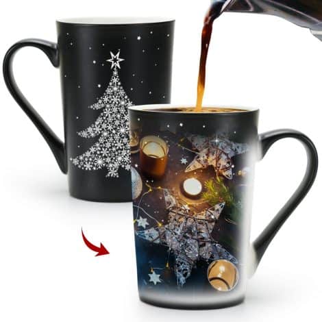 Tazza regalo Natale, tazza tè che cambia colore, design albero Natale, regalo divertente per amici e famiglia.