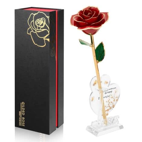 Rose Perenni in Oro con Decorazioni Floreali, Regalo per Compleanni, San Valentino, Festa della Mamma e Anniversari (Rosso)