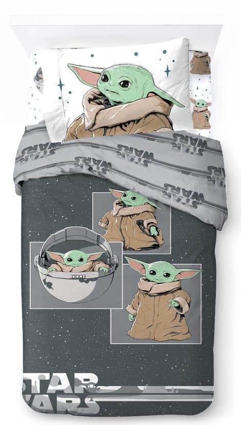 Set biancheria da letto Star Wars Mandalorian per bambini curiosi in 100% cotone, misure letto singolo.