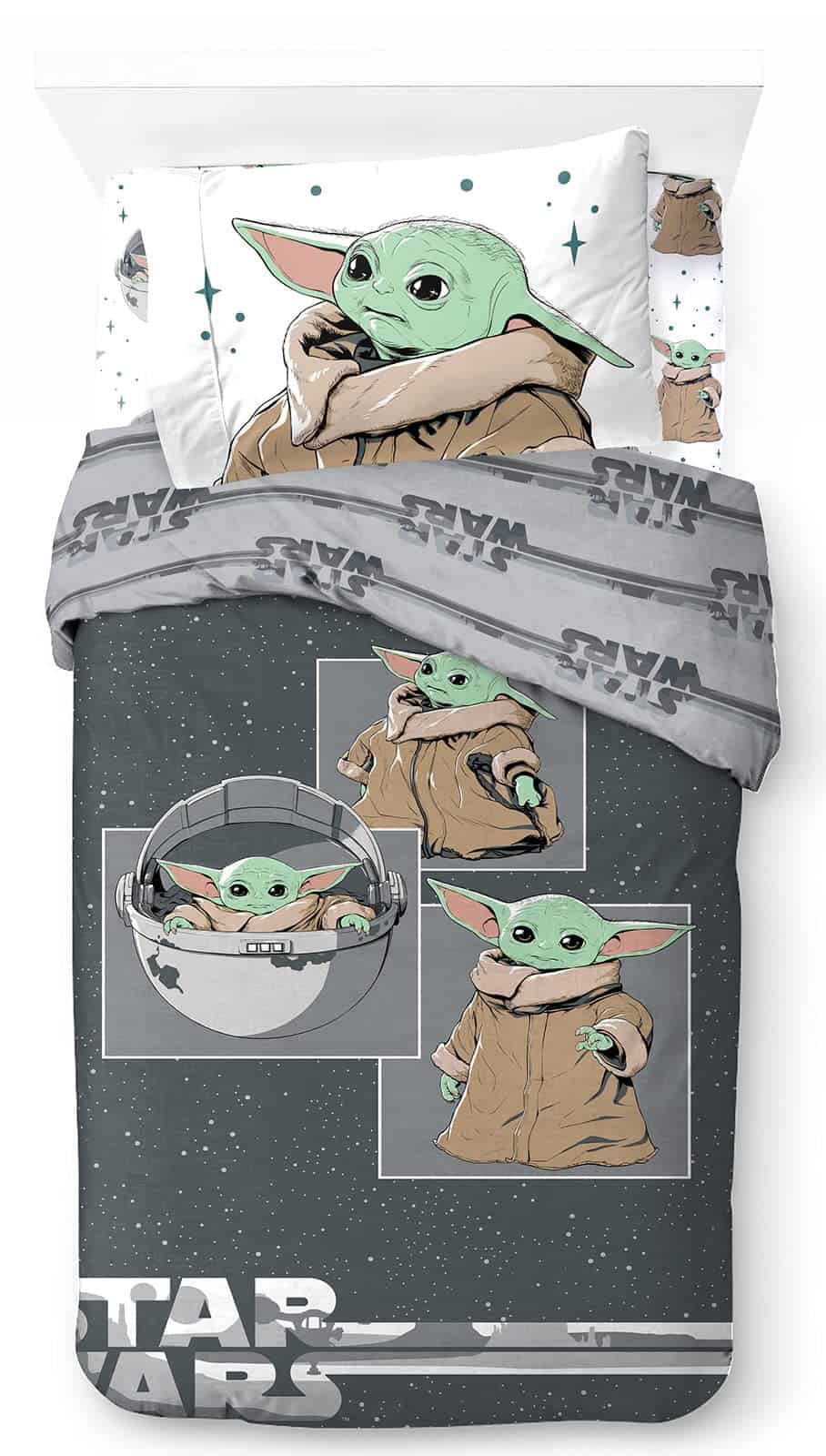 Jay Franco Star Wars Mandalorian Curious Child 100% Cotone Set Biancheria da Letto 3 Pezzi 135 x 200 cm Dimensioni Letto Singolo - Copripiumino + Lenzuolo con Angoli 90 x 200 cm + Federa 50 x 70 cm