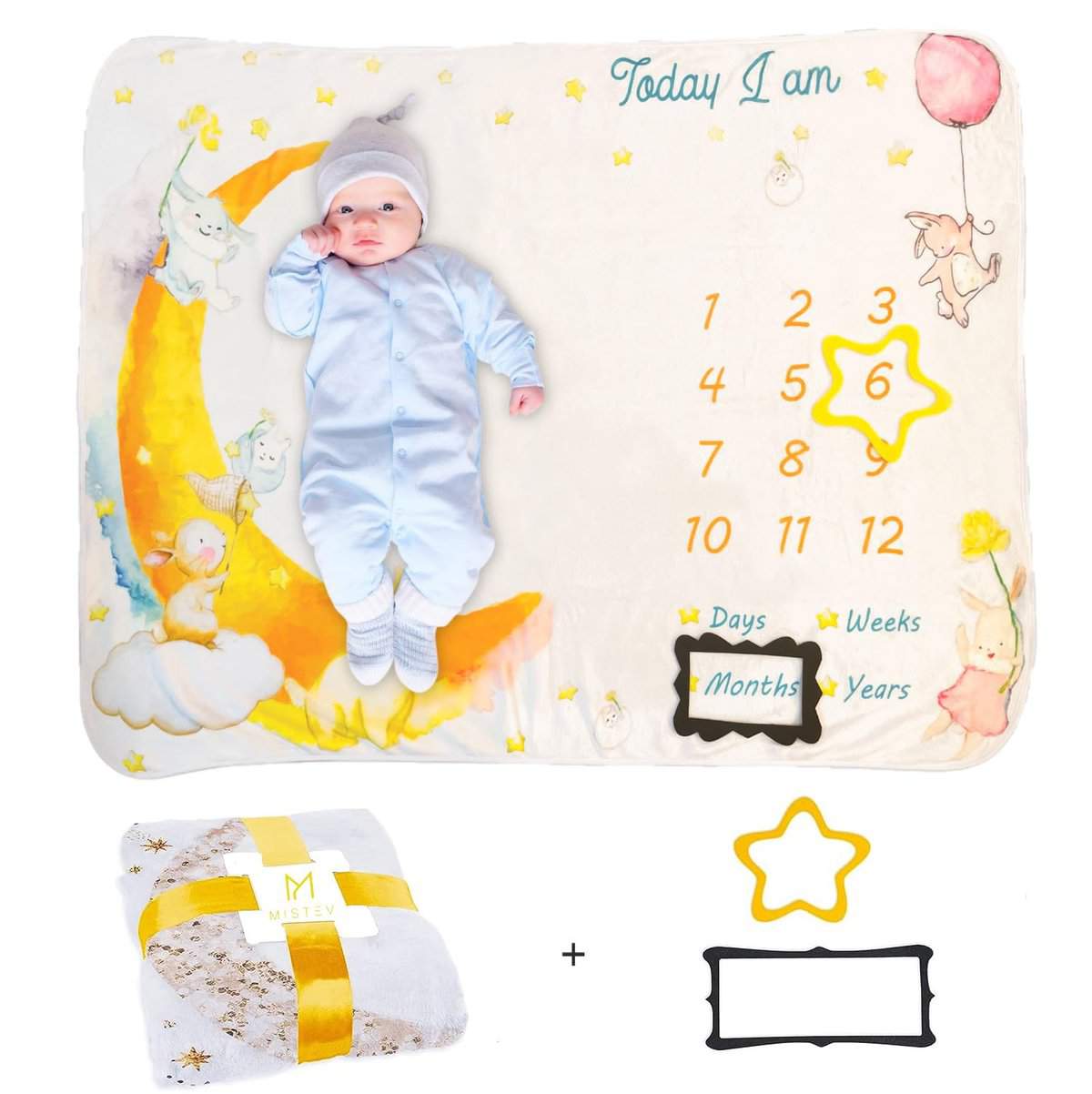 MISTEV Coperta Mesi Neonato Morbidissima Unisex Perfetta come Regalo Baby Shower o Gender Reveal per Immortalare con una Fotografia ogni Momento con il tuo Bebè Cotone 100% Lavabile in Lavatrice