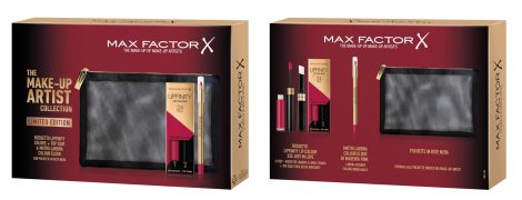 Max Factor Kit Make-up Artist Collection, elegante pochette nera con Lipfinity 335 Just In Love e Matita Labbra Colour Elixir 50 Magenta Pink, edizione limitata Natale 2023.