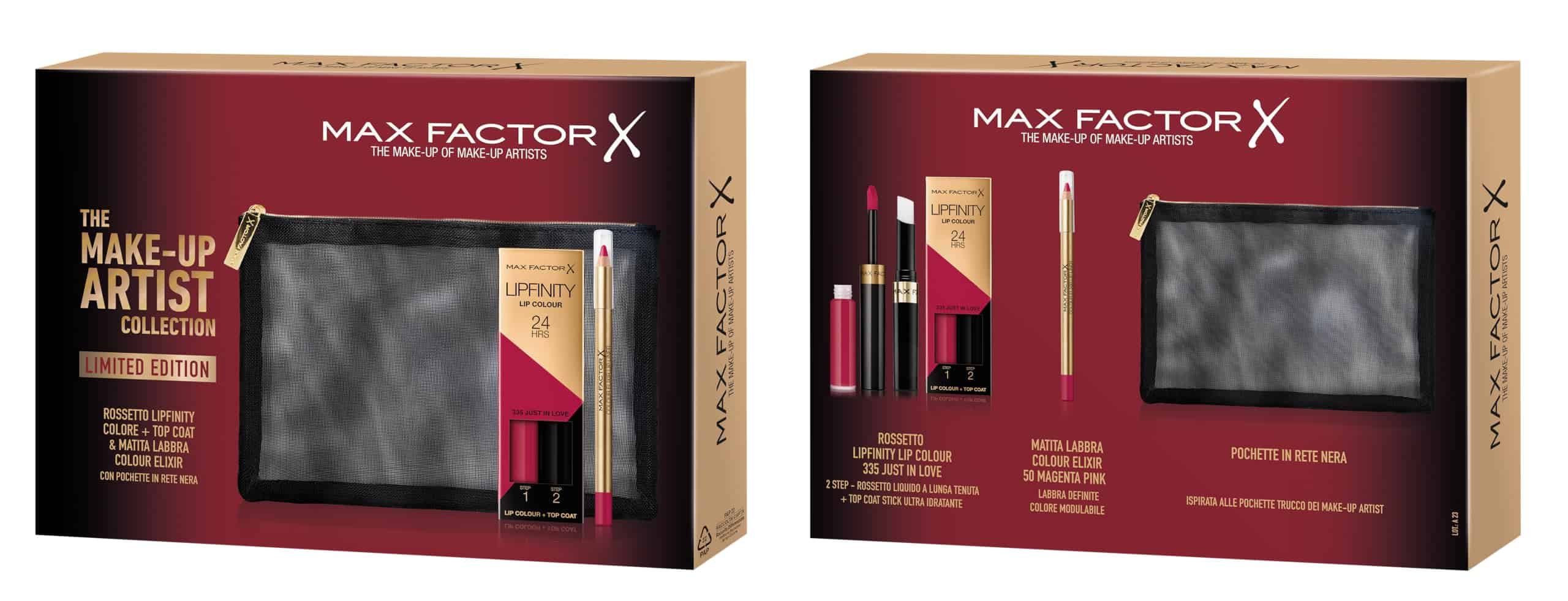Max Factor Kit Regalo Donna The Make-Up Artist Collection, Pochette in Rete Nera con Lipfinity 335 Just In Love e Matita Labbra Colour Elixir 50 Magenta Pink, Limited Edition Natale 2023