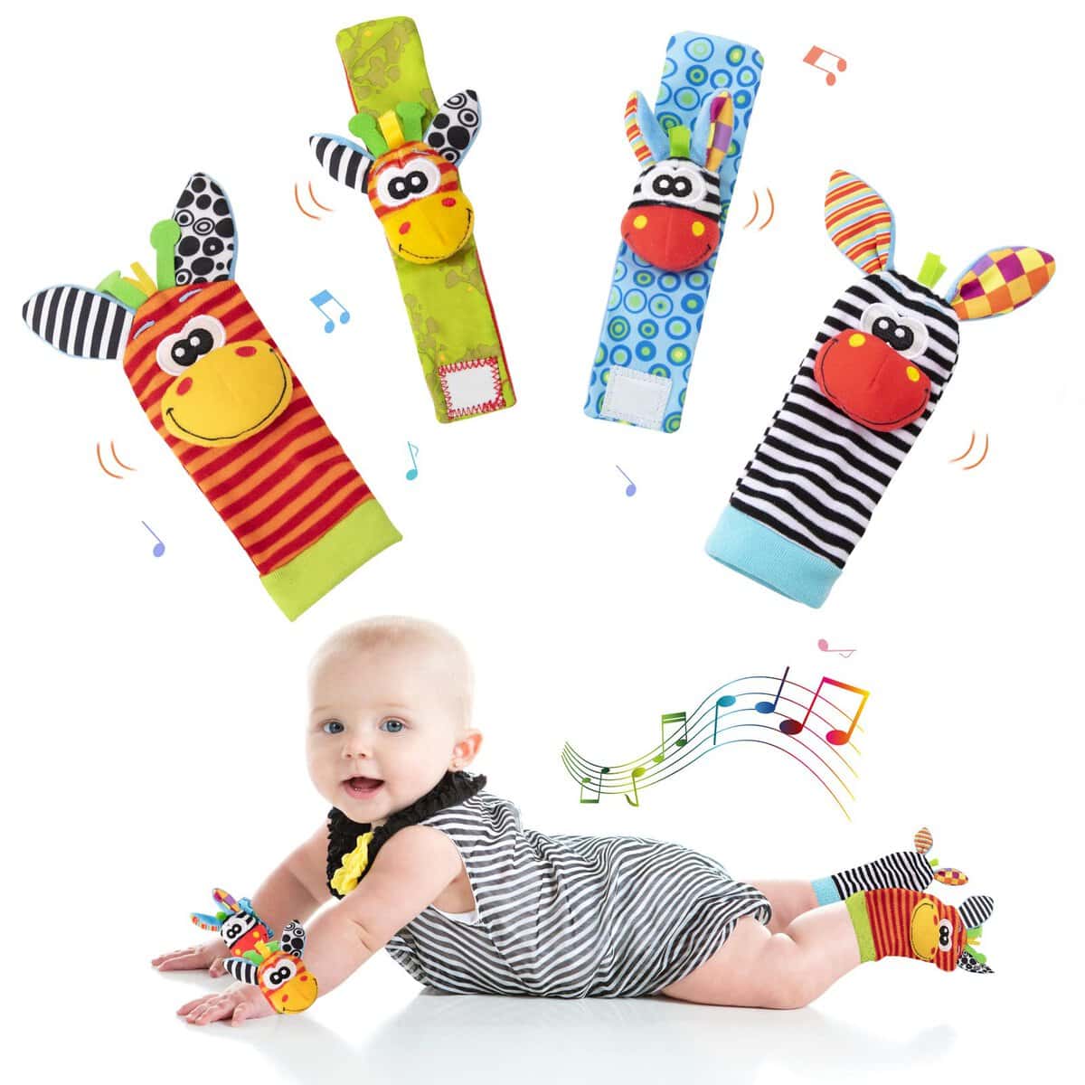 Giochi Neonato Sonagli Calzini Polso, Morbido Baby Rattle Sensoriali Giochi con Carino Modello Animale Ideale Regalo per Ragazzo e Ragazza di 0-12 Mesi, 4 Pezzi