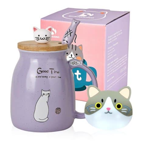 Tazza gatto Kawaii con coperchio e cucchiaio, perfetta per amanti dei gatti.