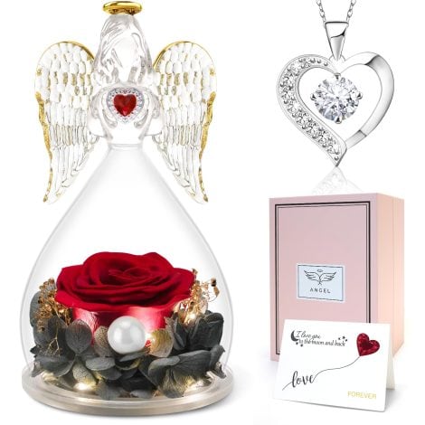 Sunia Rosa Eterna: Fiore stabilizzato con collana a forma di cuore, angelo di vetro illuminato da luci a LED. Regalo perfetto per ogni occasione.