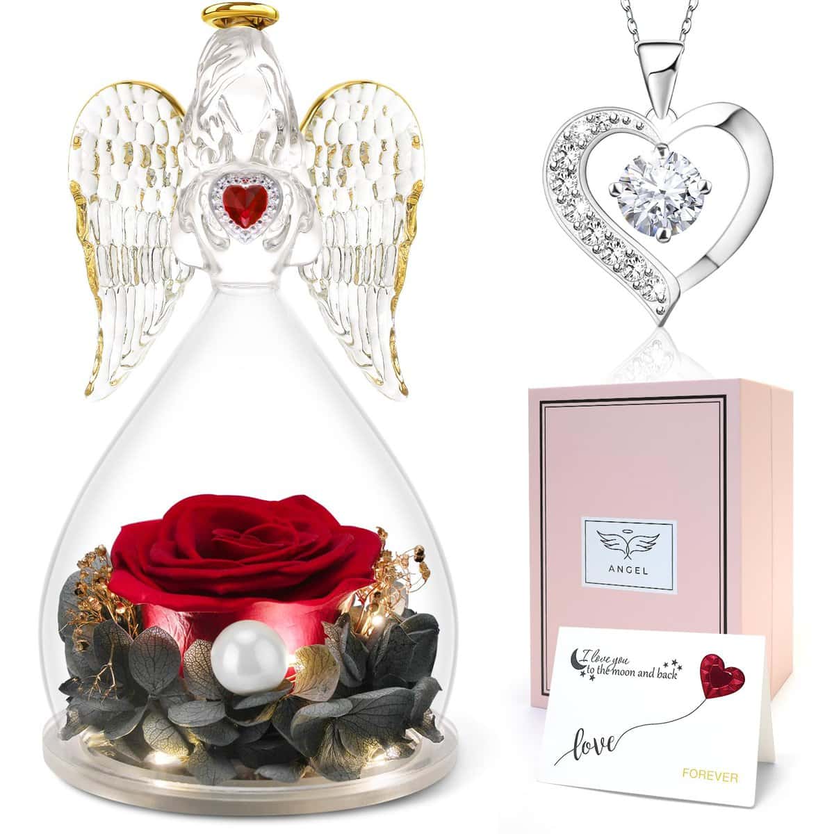 Sunia Rosa Eterna con Collana a Cuore,Angelo di Vetro con Luci LED, Rosa Stabilizzata Vera Regalo Festa della Mamma,Regalo Mamma Nonna Moglie Fidanzata Anniversario Compleanno Valentine Regali per Lei