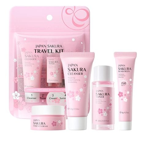 Set regalo moda per la bellezza della pelle, set donna viaggio con detergente, tonico, crema viso e solare.