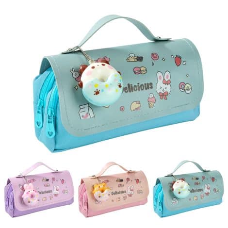Astuccio Blu Crayons Heveer per ragazze, capacitá ampia, 3 scomparti, ideale per scuola, ufficio, studenti, regalo.