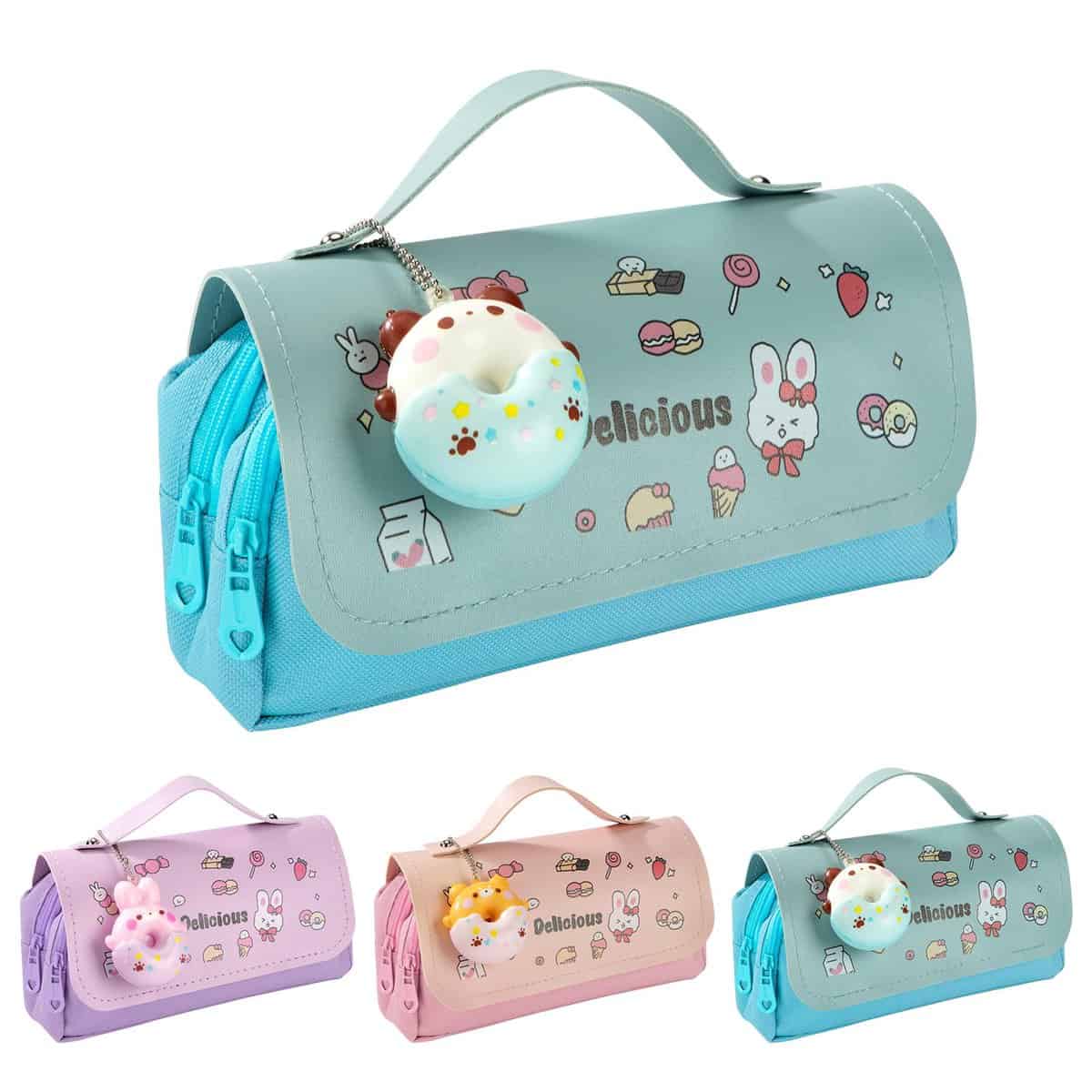 Heveer Astuccio per ragazze, grande capacità, 3 scomparti, astuccio per la scuola, per ufficio, scuola, studenti, adolescente, regalo, Blu ciambella, Trousse da crayons