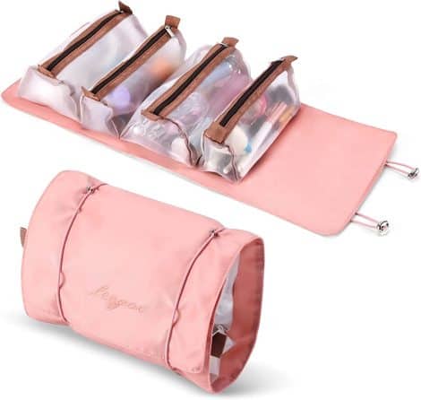 Valigetta per cosmetici da viaggio con 4 cosmetici rimovibili. Organizer per skincare e profumi. Rosa.