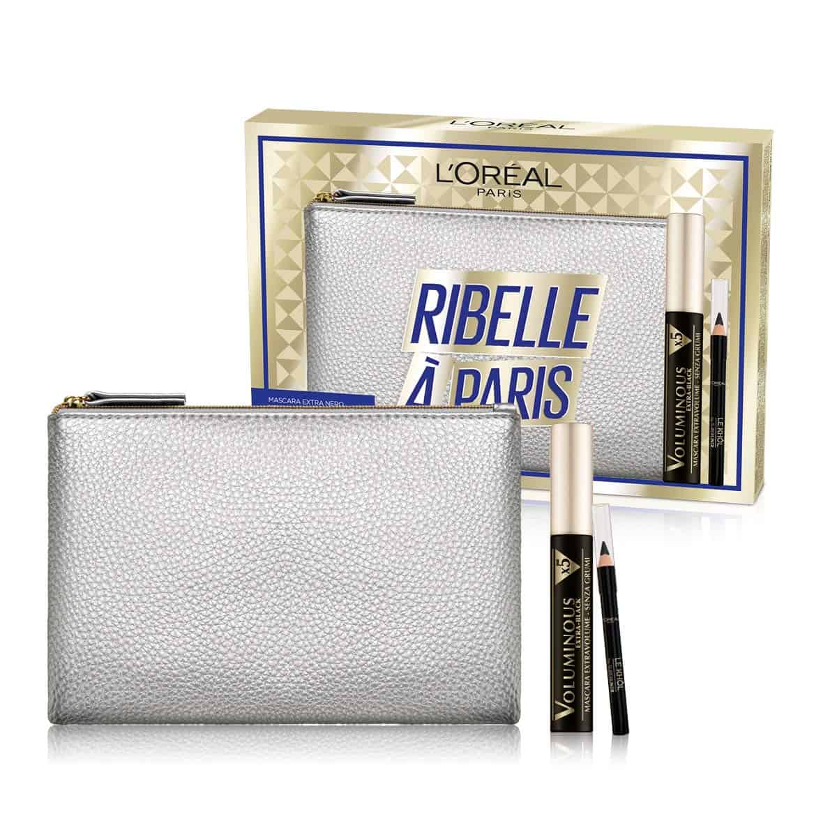 L'Oréal Paris Idea Regalo Donna, Pochette con Mascara Volumizzante Voluminous + Matita Occhi Nera Le Khol, Extra Nero