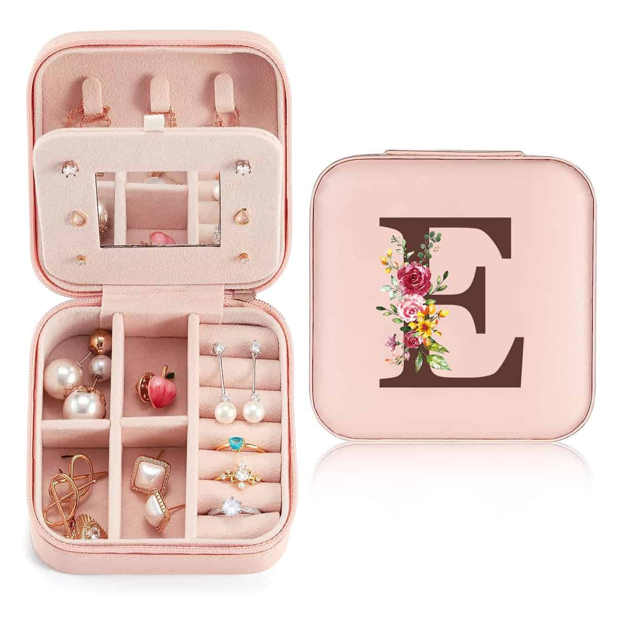 Sinekong Scatola Portagioie da Viaggio Portagioie con Iniziale E e Fiore Mini Porta Gioielli Donna Portagioielli Piccoli con Specchio Ragazza Regalo per Compleanno Anniversario Natale