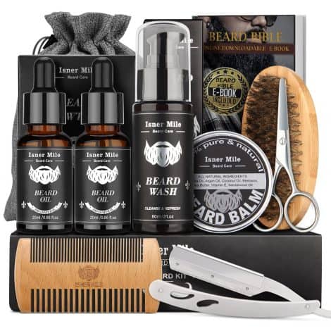 Kit completo per la cura della barba, ideale dopo la depilazione, con olio, balsamo, shampoo, pennello, pettine. Regali natalizi perfetti per lui e papà.