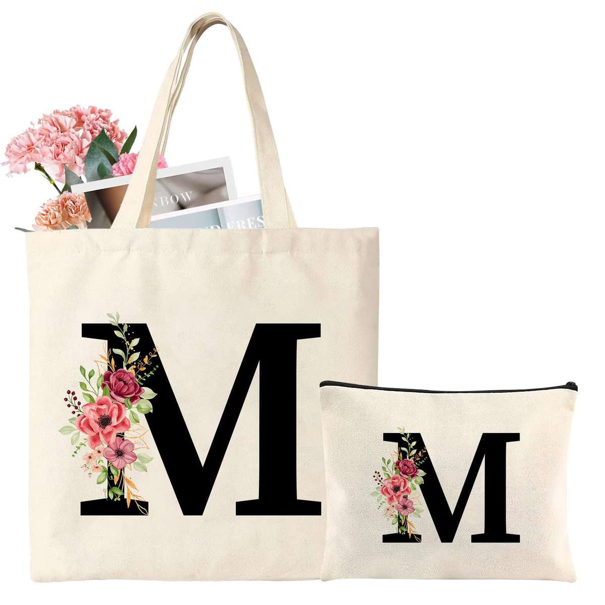 Regalo Personalizzata per Amica Alfabeto Borsa Tote in Tela Iniziali Tote Bag con Tasca Lettere Borsa Shopper in Cotone Borsa Cosmetica Regali per Donna Mamma, Compleanni Natale Anniversario (M)