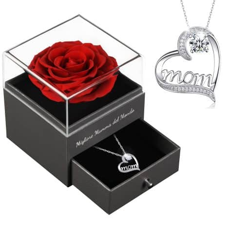 Set Regalo Rosa Eterna Sunia Mamma Natale, Argento 925, Migliore Mamma del Mondo, Stabilizzata.
