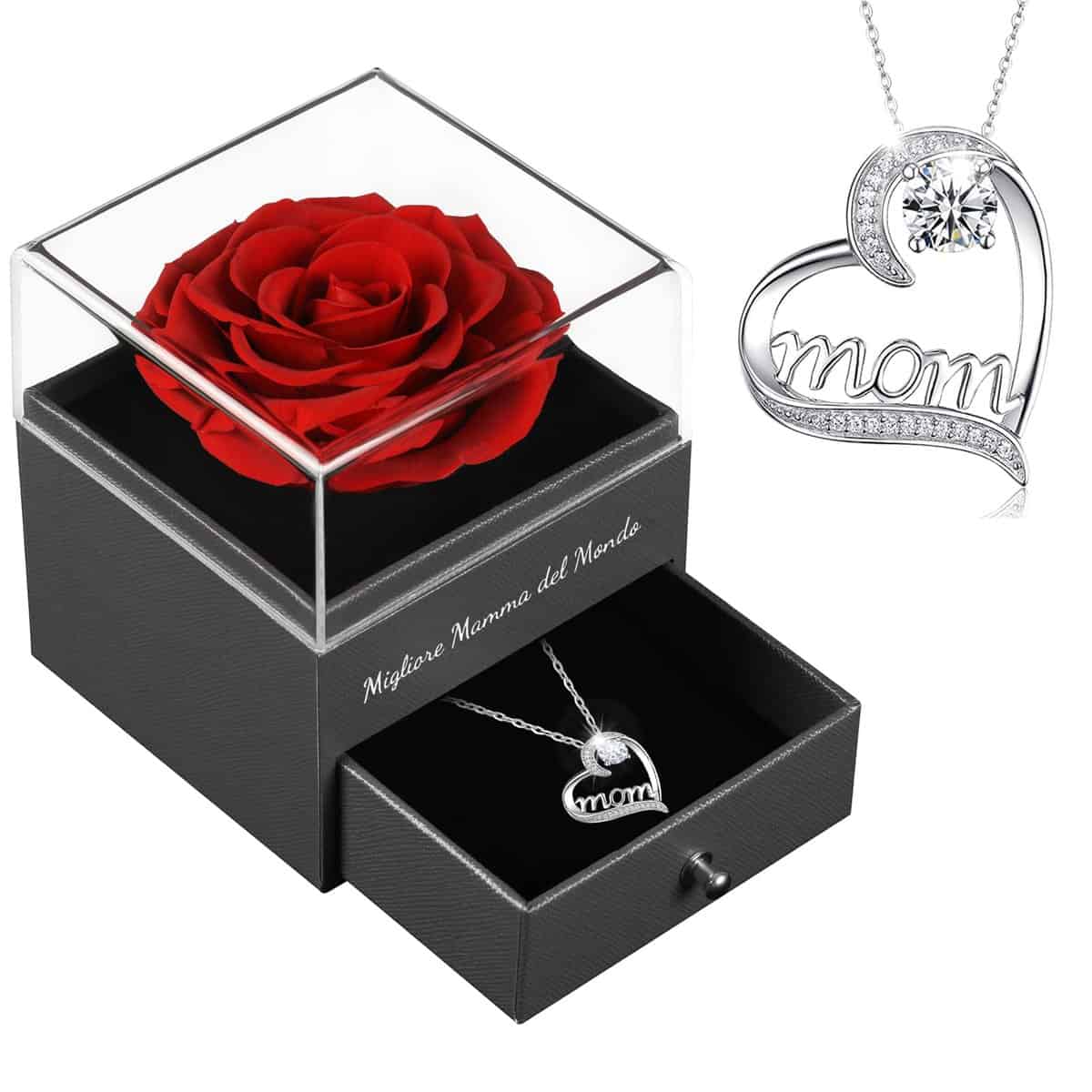 Sunia Regali per Mamma Natale,Vera Rosa Eterna con Collana Argento 925 Donna, Migliore Mamma del Mondo, Rosa Eterna Stabilizzata, Regalo per la Mamma Natale, Regalo di Compleanno per Mamma Nonna Donna