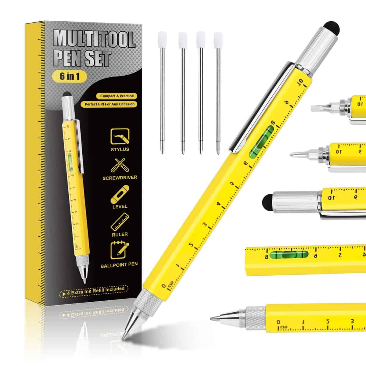 Penna regalo per uomini, penna multitool 6 in 1, fantastici gadget per uomini, regali di compleanno per uomini che hanno tutto, regali unici per uomini, marito, nonno, ingegnere, tuttofare (Giallo)