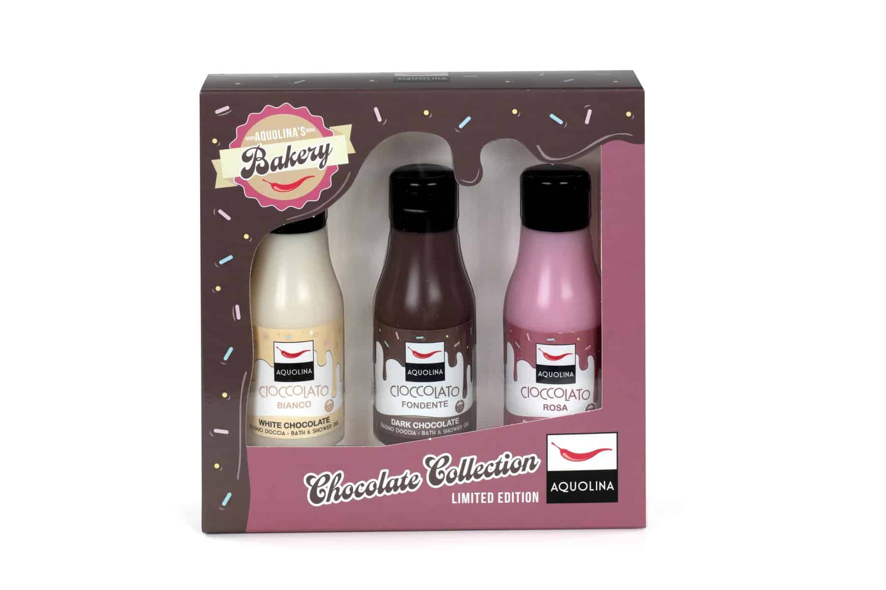 Aquolina, Cofanetto Chocolate Collection, Bagno Doccia Idratante al Ciocolato Bianco, Fondente e Rosa - 3 prodotti da 125ml